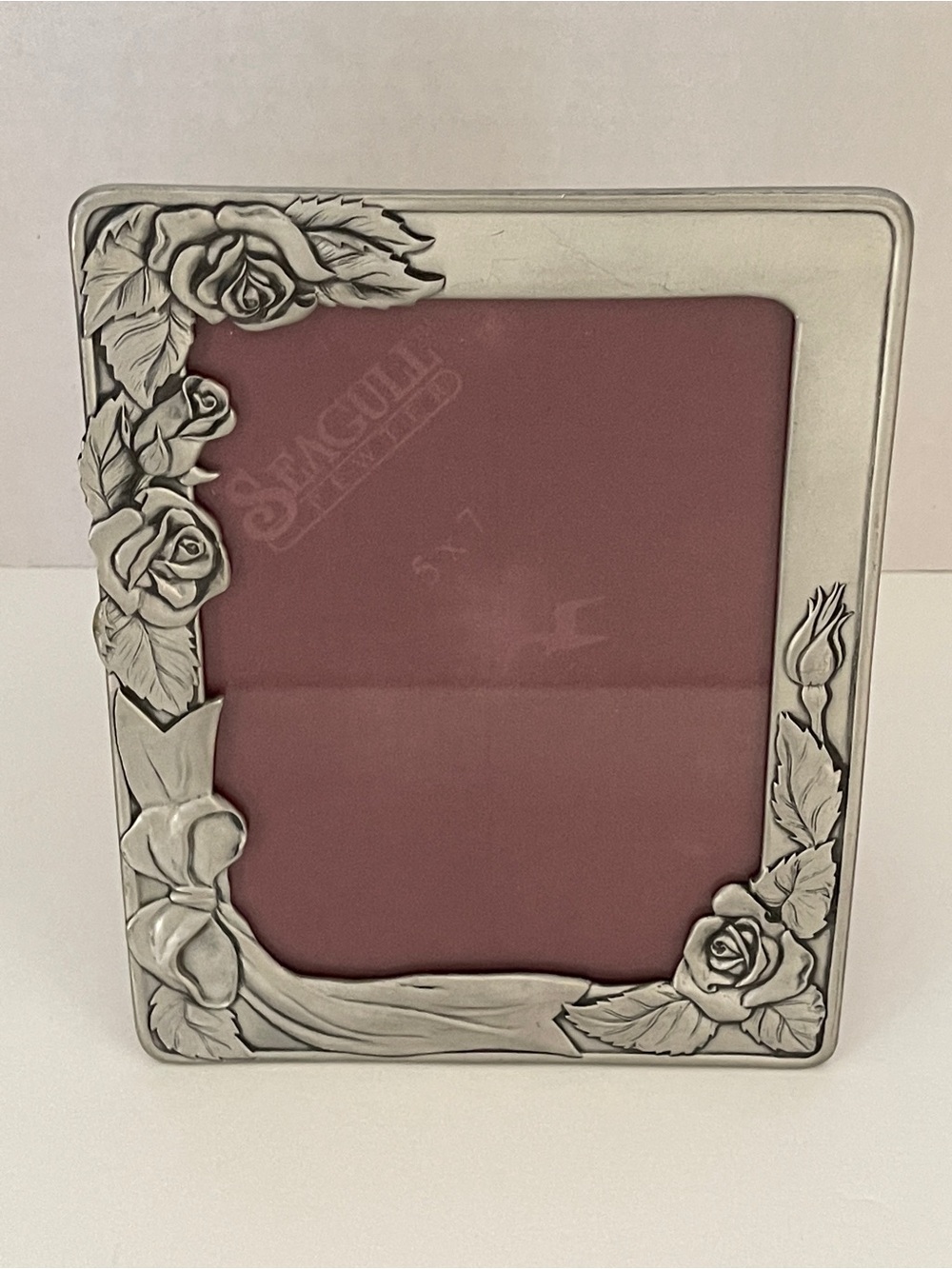 Vintage 1990 Seagull Genuine Pewter Picture Frame PF233 Roses and Ribbons 5”x7”